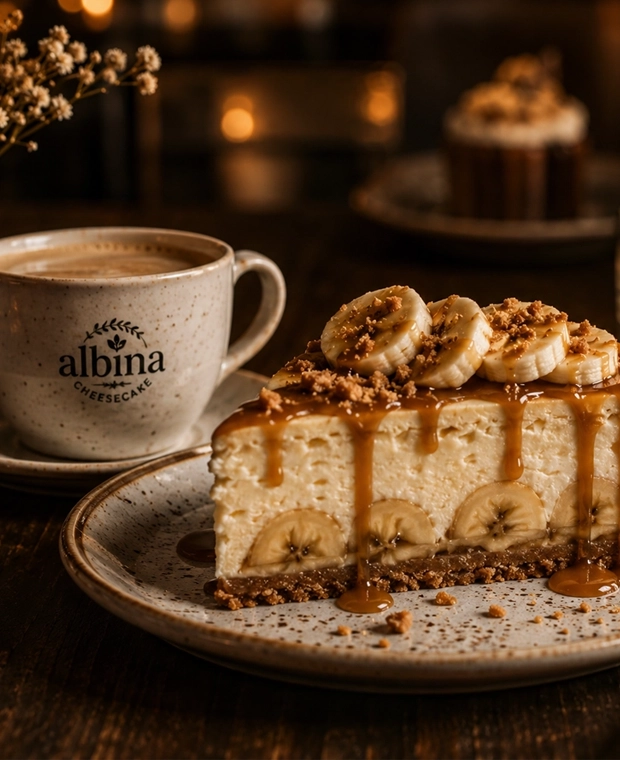 Albina kahve ve cheesecake sunumu