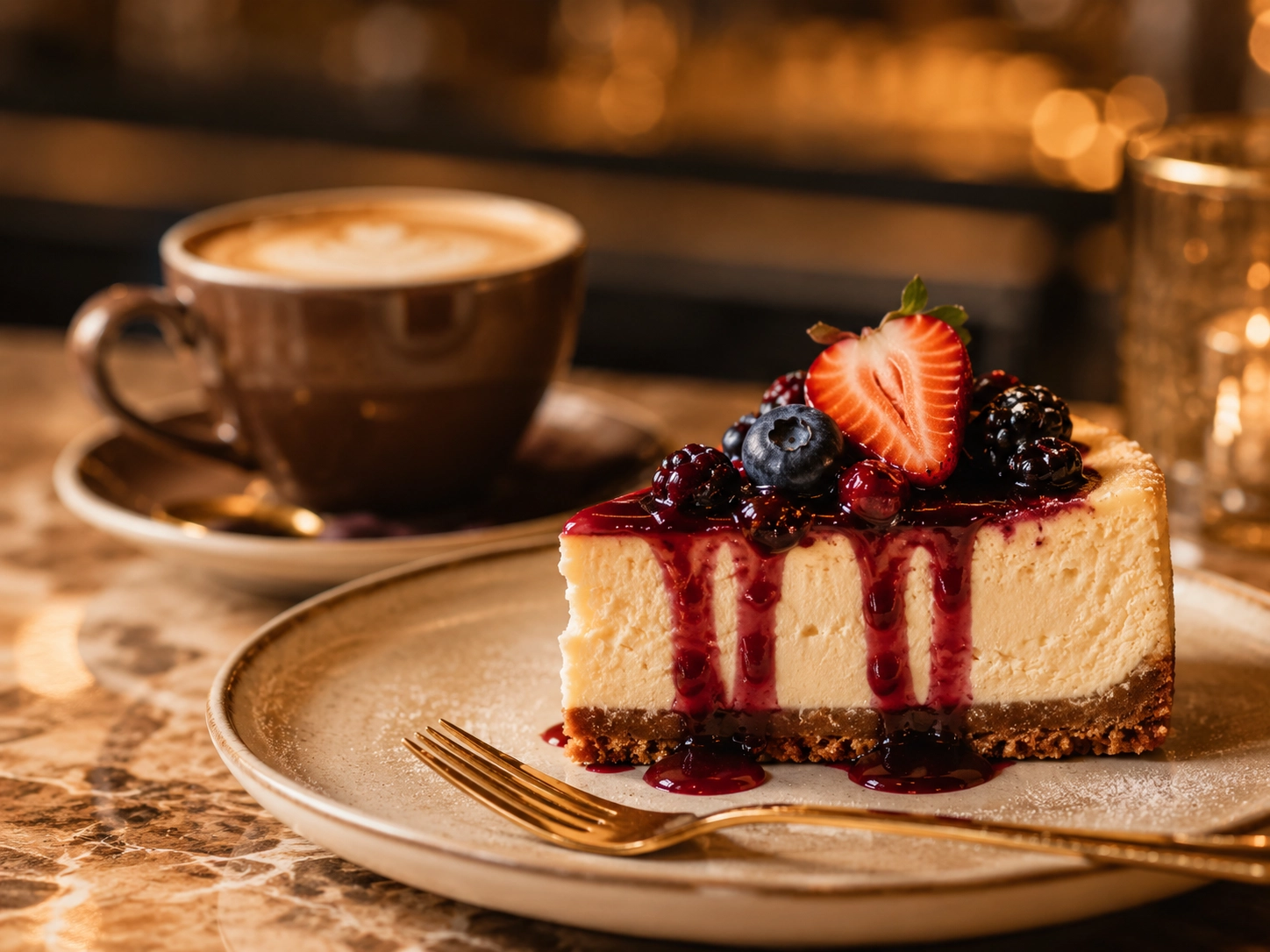 Kahve yanında soslu premium Albina cheesecake dilimi