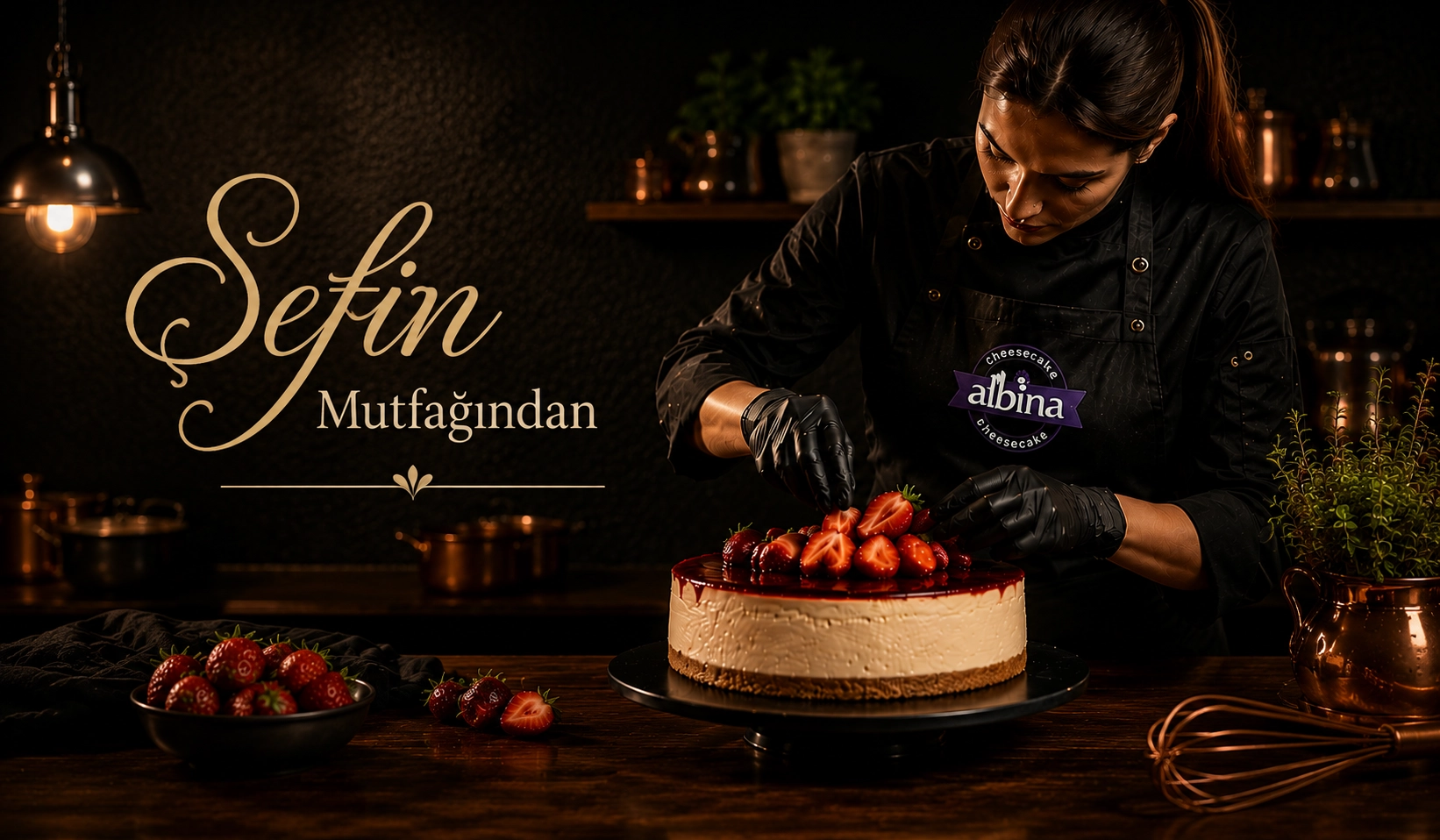 Albina mutfağında cheesecake hazırlayan şef