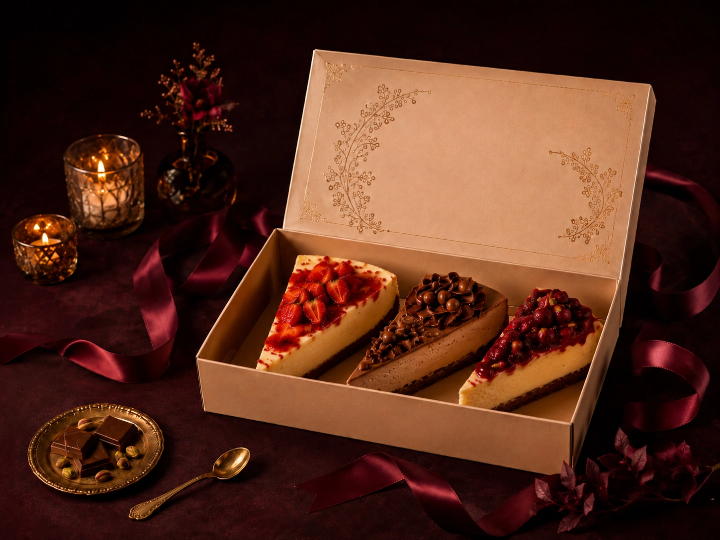 Albina toplu tatlı kutuları ve mini cheesecake sunumu